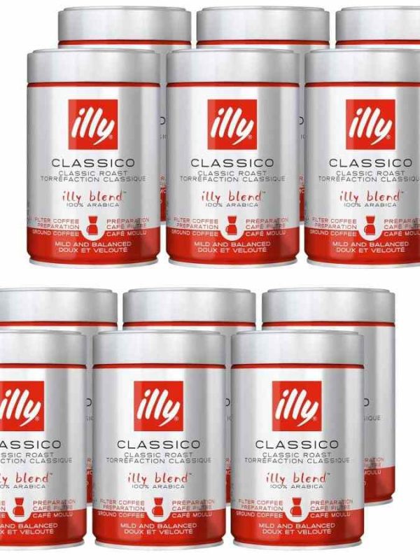 Rich and aromatic illy Classico ground filter coffee in convenient 12 x 250 g pack, perfect for coffee lovers. Enjoy premium coffee at home.