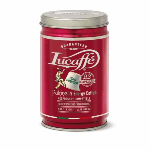 Indulge in Lucaffé Pulcinella Biodegradable Coffee Capsules - Nespresso compatible, 22 pcs, eco-friendly way to enjoy premium coffee at home.