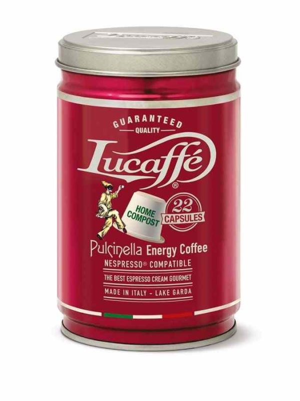 Indulge in Lucaffé Pulcinella Biodegradable Coffee Capsules - Nespresso compatible, 22 pcs, eco-friendly way to enjoy premium coffee at home.