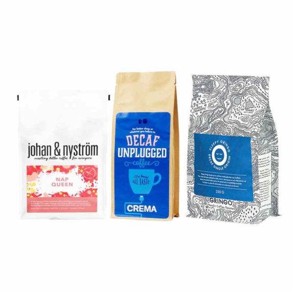 Premium decaf coffee beans trio pack, 750 g total from Micro Roastery, the ideal choice for coffee connoisseurs seeking exquisite flavor.