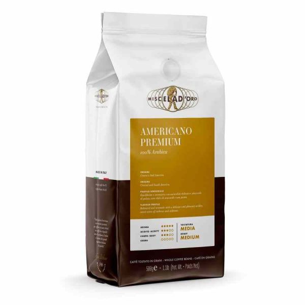 Enjoy the rich flavors of Ouro Americano Premium Miscela, a top-quality blend for the perfect cup of coffee. Order now for an exceptional coffee experience!