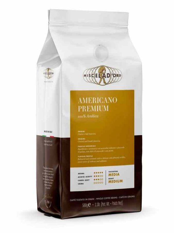 Enjoy the rich flavors of Ouro Americano Premium Miscela, a top-quality blend for the perfect cup of coffee. Order now for an exceptional coffee experience!