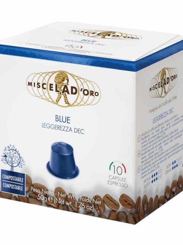 Indulge in the rich flavor of Miscela d'Oro Blue Decaffeinated Coffee Capsules Compatible with Nespresso, 10 units - high-quality decaf blend!