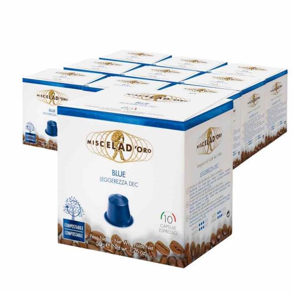 Indulge in smooth decaffeinated coffee with Miscela d'Oro Blue capsules for Nespresso machines. Enjoy 100 units of premium quality. Buy now!