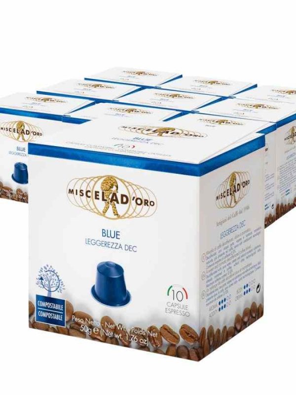 Indulge in smooth decaffeinated coffee with Miscela d'Oro Blue capsules for Nespresso machines. Enjoy 100 units of premium quality. Buy now!