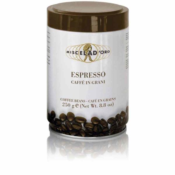 Premium Miscela d'Oro Expresso tin 250 g - Rich Italian coffee blend in a chic packaging, perfect for coffee lovers. Buy online now!