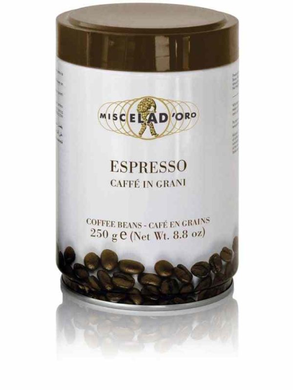 Premium Miscela d'Oro Expresso tin 250 g - Rich Italian coffee blend in a chic packaging, perfect for coffee lovers. Buy online now!