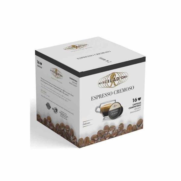 Indulge in Miscela d'Oro Creamy Espresso, 16 Dolce Gusto® Compatible Coffee Capsules for a velvety coffee experience at home. Shop now!