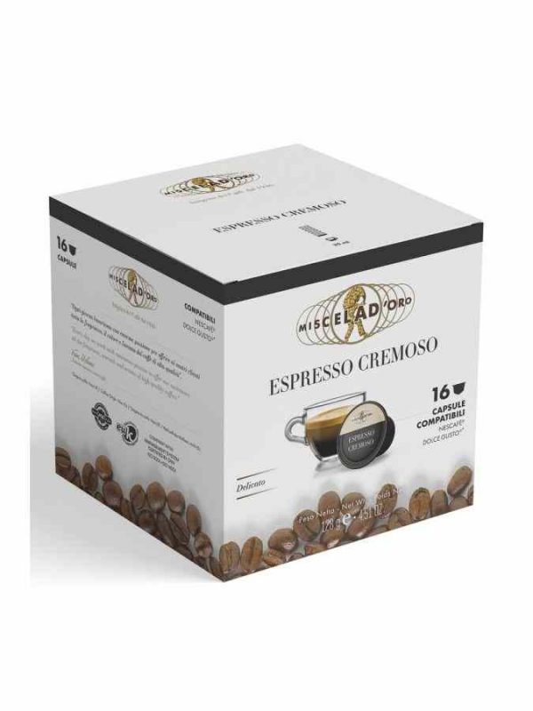 Indulge in Miscela d'Oro Creamy Espresso, 16 Dolce Gusto® Compatible Coffee Capsules for a velvety coffee experience at home. Shop now!
