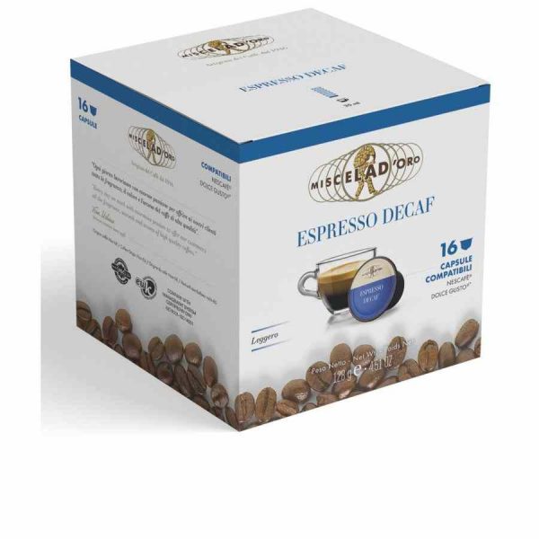 Indulge in the rich flavor of Miscela d'Oro Espresso Decaf with these 16 Dolce Gusto® compatible coffee capsules. Enjoy premium decaf espresso at home!