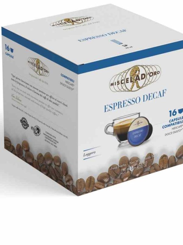 Indulge in the rich flavor of Miscela d'Oro Espresso Decaf with these 16 Dolce Gusto® compatible coffee capsules. Enjoy premium decaf espresso at home!