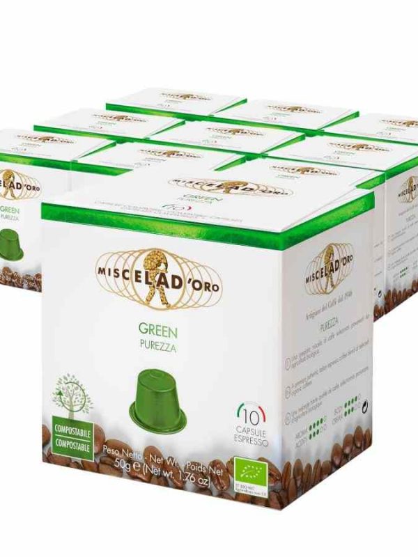 Indulge in the rich aroma and bold taste of Miscela d'Oro Espresso Verde Coffee Capsules Compatible with Nespresso. Enjoy 100 units of premium quality coffee.