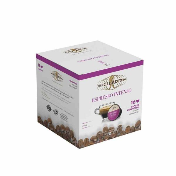 Indulge in rich flavor with Miscela d'Oro Espresso Intenso, 16 Dolce Gusto® compatible coffee capsules. Enjoy premium quality and bold taste at home!