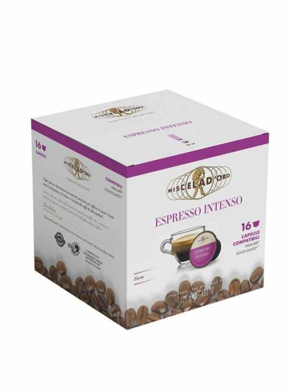 Indulge in rich flavor with Miscela d'Oro Espresso Intenso, 16 Dolce Gusto® compatible coffee capsules. Enjoy premium quality and bold taste at home!