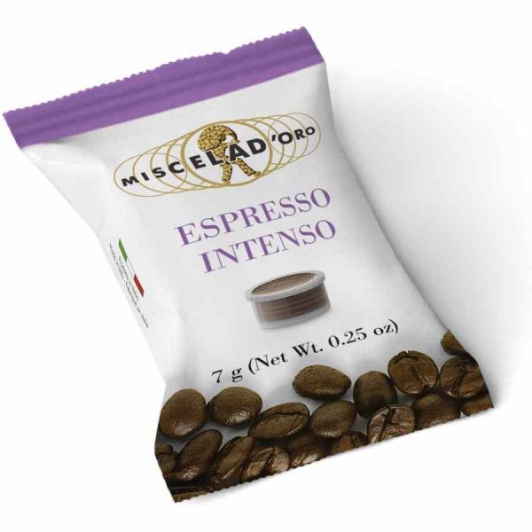 Indulge in rich flavors with Miscela d'Oro Espresso Intenso espresso coffee capsules, 100 units - the perfect blend of intensity and satisfaction.