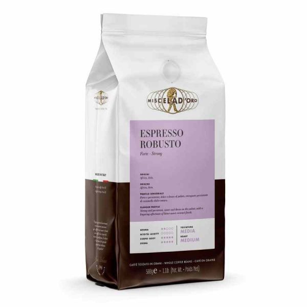 Indulge in the bold and intense flavor of Miscela d'Oro Espresso Robusto 100% Robusta, the perfect choice for coffee connoisseurs.