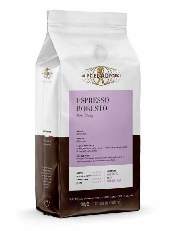 Indulge in the bold and intense flavor of Miscela d'Oro Espresso Robusto 100% Robusta, the perfect choice for coffee connoisseurs.