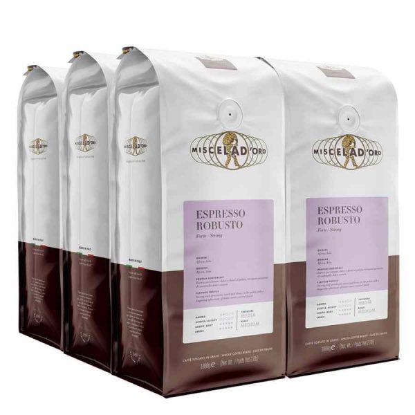 Experience the rich taste of Miscela d'Oro Espresso Robusto - 100% Robusta blend for a bold and energizing coffee indulgence.