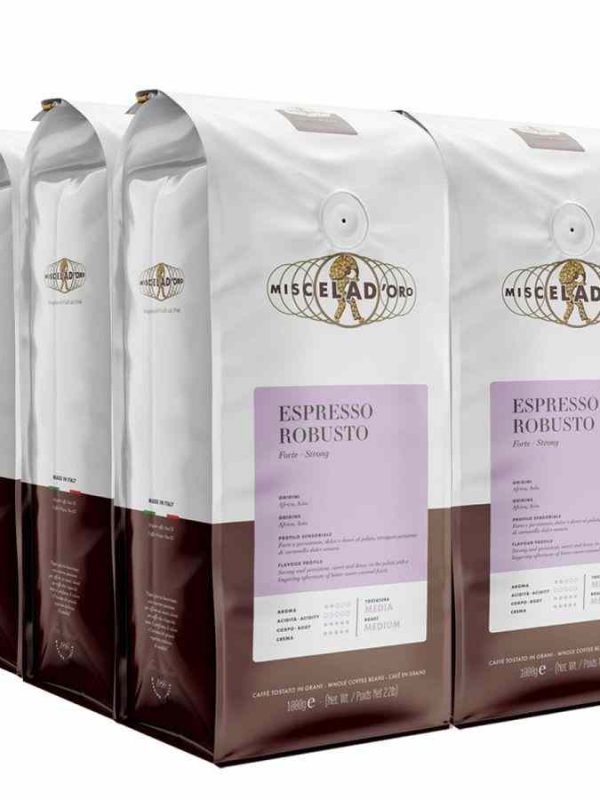 Experience the rich taste of Miscela d'Oro Espresso Robusto - 100% Robusta blend for a bold and energizing coffee indulgence.