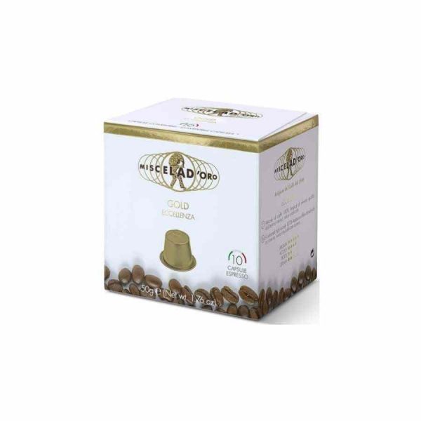 Indulge in luxury with Miscela d'Oro Gold Coffee Capsules Compatible with Nespresso. Experience exquisite flavor in 10 convenient units.