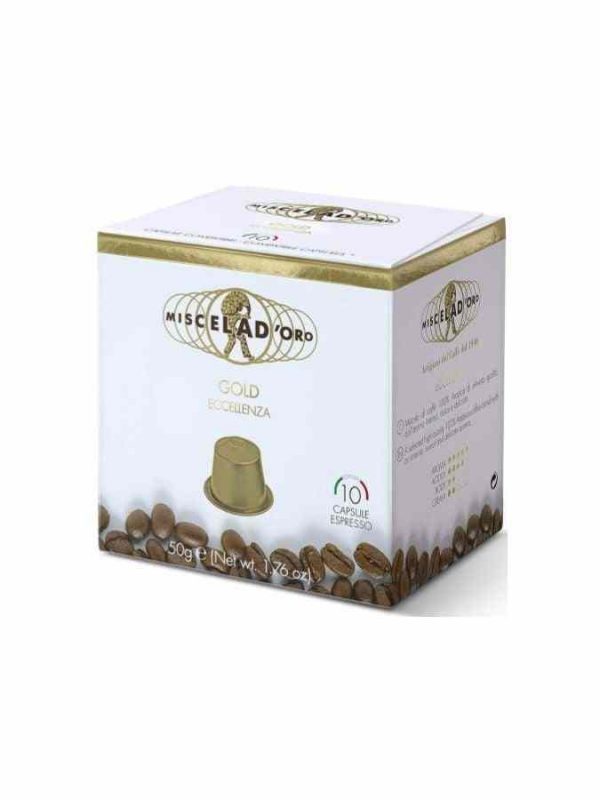 Indulge in luxury with Miscela d'Oro Gold Coffee Capsules Compatible with Nespresso. Experience exquisite flavor in 10 convenient units.