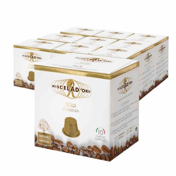 Indulge in luxury with Miscela d'Oro Gold Coffee Capsules Compatible with Nespresso. Elevate your coffee experience with 10 x 10 units of premium quality goodness.