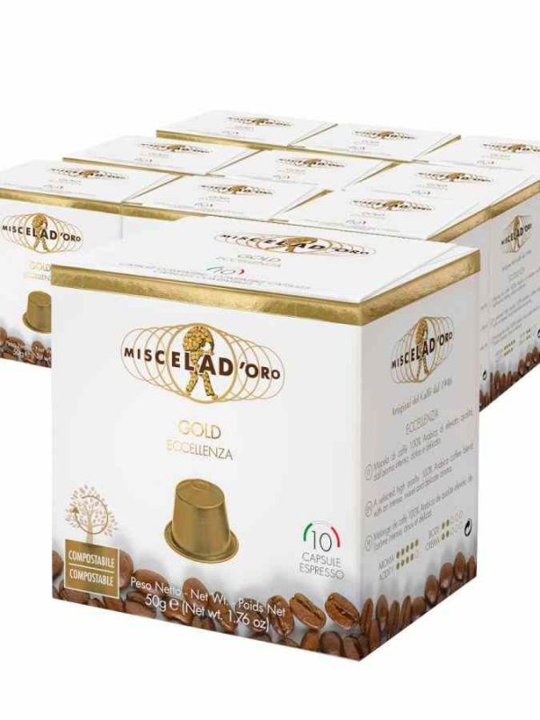 Indulge in luxury with Miscela d'Oro Gold Coffee Capsules Compatible with Nespresso. Elevate your coffee experience with 10 x 10 units of premium quality goodness.