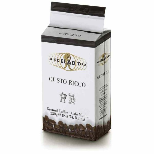 Indulge in the rich aroma of Miscela d'Oro Gusto Ricco 250 g ground coffee - a premium blend for true coffee lovers. Buy now for a luxurious experience!