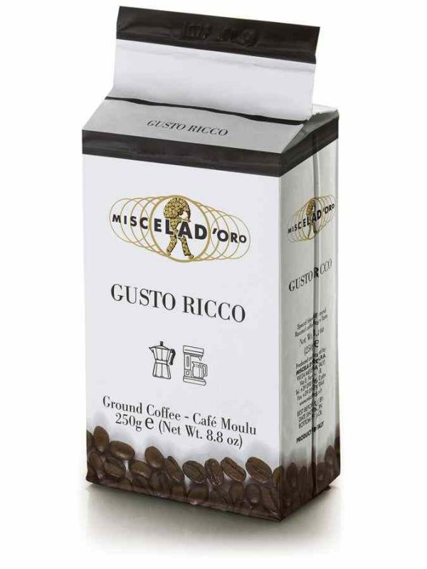 Indulge in the rich aroma of Miscela d'Oro Gusto Ricco 250 g ground coffee - a premium blend for true coffee lovers. Buy now for a luxurious experience!