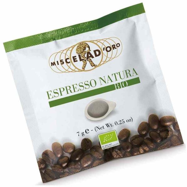 Indulge in rich espresso flavor with Miscela d'Oro Natura E.S.E. Espresso Pods, convenient and premium coffee experience for coffee aficionados.