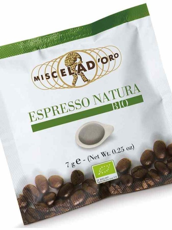Indulge in rich espresso flavor with Miscela d'Oro Natura E.S.E. Espresso Pods, convenient and premium coffee experience for coffee aficionados.
