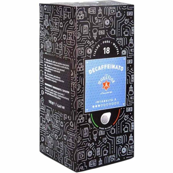 Indulge in the rich flavor of Mokaflor Decaffeinated E.S.E. Espresso coffee capsules with this pack of 18 units. Perfect for coffee lovers seeking a caffeine-free option.