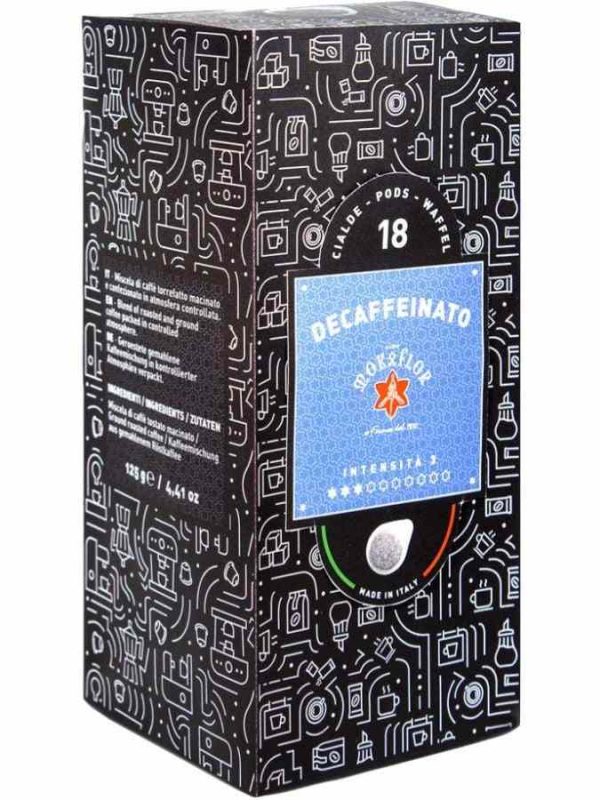 Indulge in the rich flavor of Mokaflor Decaffeinated E.S.E. Espresso coffee capsules with this pack of 18 units. Perfect for coffee lovers seeking a caffeine-free option.