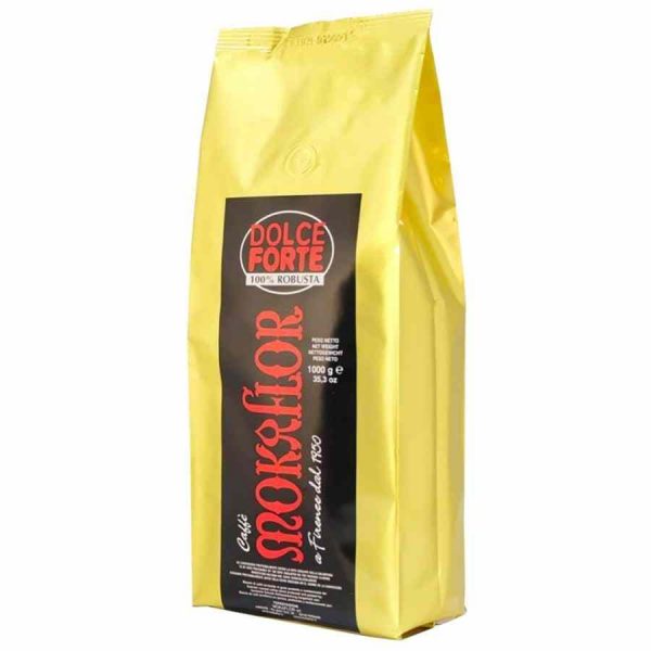 Experience the bold flavor of Mokaflor Dolce Forte 100% Robusta coffee beans in a 1 kg bag. Elevate your coffee ritual with this premium blend.
