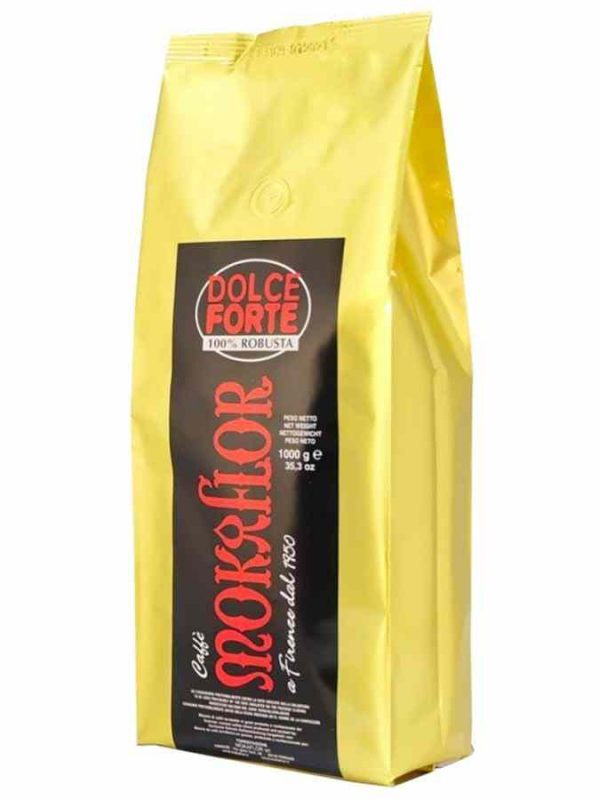 Experience the bold flavor of Mokaflor Dolce Forte 100% Robusta coffee beans in a 1 kg bag. Elevate your coffee ritual with this premium blend.