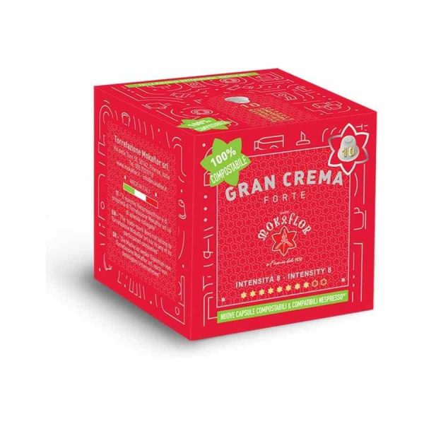 Premium 10-unit Mokaflor Gran Crema Forte coffee capsules for Nespresso machines, rich in flavor and aroma, perfect for coffee lovers.