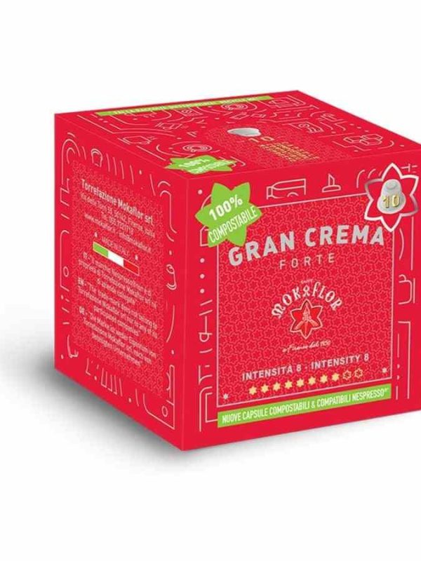 Premium 10-unit Mokaflor Gran Crema Forte coffee capsules for Nespresso machines, rich in flavor and aroma, perfect for coffee lovers.