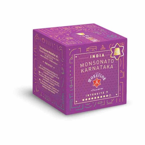 Premium Nespresso Mokaflor India Monsonato Karnataka coffee capsules - 10 units, rich in flavor and compatible with Nespresso machines.