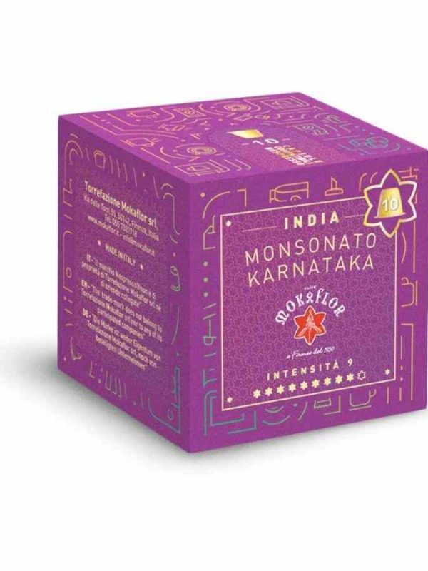 Premium Nespresso Mokaflor India Monsonato Karnataka coffee capsules - 10 units, rich in flavor and compatible with Nespresso machines.