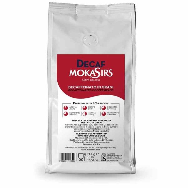 MokaSirs Decaffeinated 500g Coffee Beans - Rich, aromatic decaf coffee beans for a smooth and satisfying brew. Buy now for a caffeine-free treat!