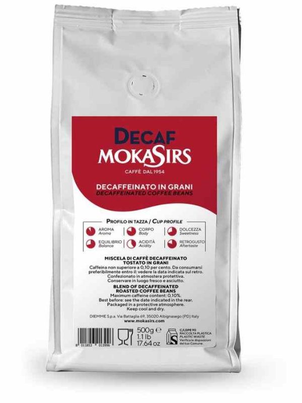 MokaSirs Decaffeinated 500g Coffee Beans - Rich, aromatic decaf coffee beans for a smooth and satisfying brew. Buy now for a caffeine-free treat!