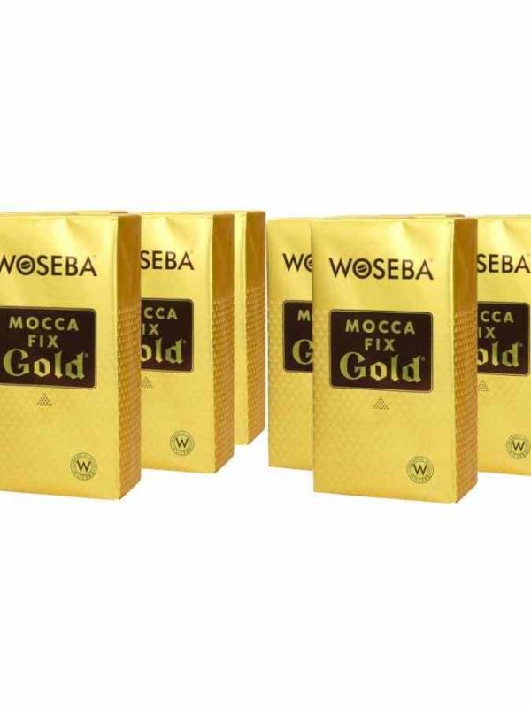 Indulge in the rich flavors of Woseba Mocca Fix Gold Roasted Ground Coffee, 10 packs of 500g each. Start your day with luxury and aroma.
